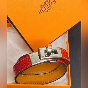 🛍️Hermes Authentic Red Leather Kelly Double Tour Bracelet with Silver Hardware